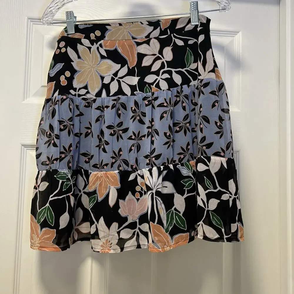 LOFT Womens Floral Tiered Mini Skirt Black‎ Blue Peach Size 2 NWT 446825